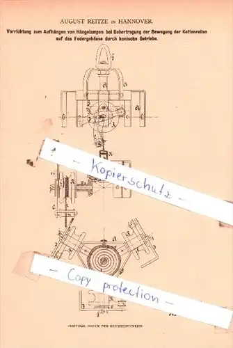 Original Patent  - August Reitze in Hannover , 1879 , Aufhängen von Hängelampen !!!