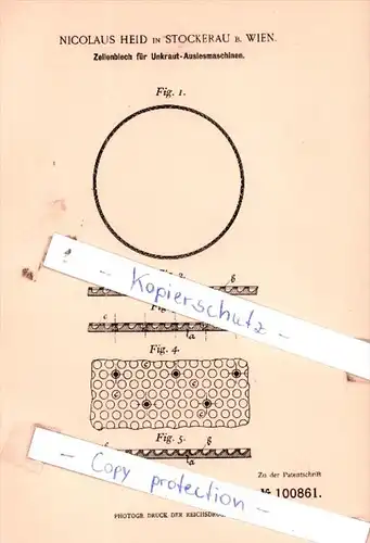 Original Patent  - N. Heid in Stockerau b. Wien , 1898 , Zellenblech für Unkraut-Auslesmaschinen !!!