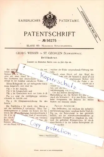 Original Patent  - Georg Weisser in St. Georgen , Schwarzwald , 1890 , Drillbohrer !!!