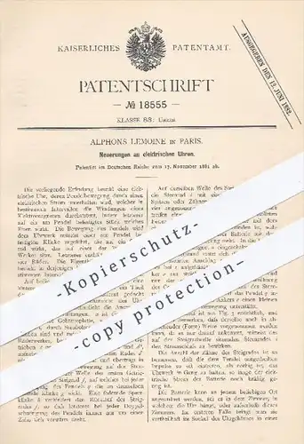 original Patent - Alphons Lemoine in Paris , 1881 , elektrische Uhren | Uhr , Uhrwerk , Uhrmacher , Pendeluhr , Strom !!