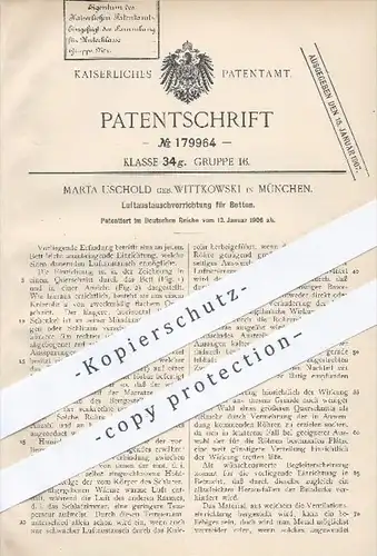 original Patent - Marta Uschold / Wittkowski , München , 1906 , Luftaustausch an Betten | Bett , Möbel , Lüftung !!!