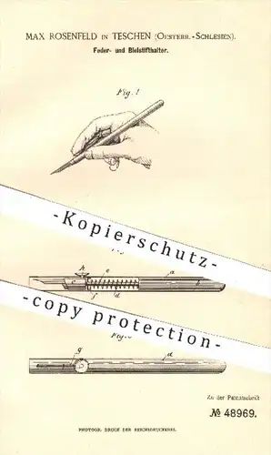 original Patent - Max Rosenfeld , Teschen , Österr. Schlesien , 1889 , Federhalter , Bleistift | Feder , Schreibfeder !