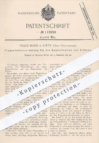 original Patent - Franz Mann , Steyr , Österreich , 1899 , Flageolettton auf Begleitsaiten von Zittern | Zitter , Musik