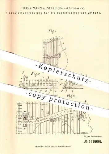 original Patent - Franz Mann , Steyr , Österreich , 1899 , Flageolettton auf Begleitsaiten von Zittern | Zitter , Musik