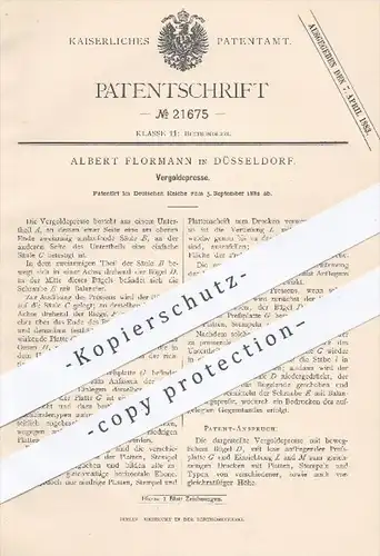 original Patent - A. Flormann , Düsseldorf , 1882 , Presse zum Vergolden | Gold , Blattgold , Buchbinderei , Buchbinder