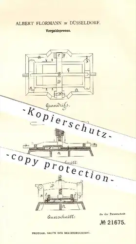 original Patent - A. Flormann , Düsseldorf , 1882 , Presse zum Vergolden | Gold , Blattgold , Buchbinderei , Buchbinder