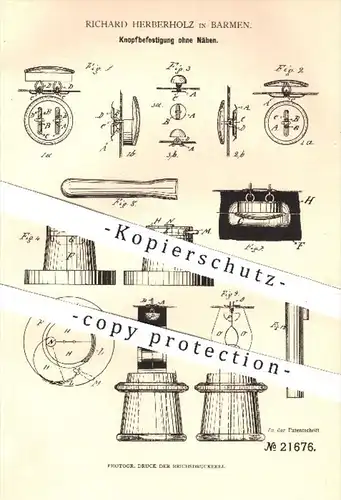 original Patent - R. Herberholz , Barmen , 1882 , Knopfbefestigung ohne Nähen | Knopf , Knöpfe , Militär - Uniformen !!!