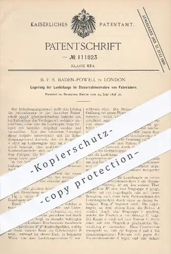 original Patent - B. F. S. Baden Powell , London , 1898 , Lagerung der Lenkstange am Fahrrad | Fahrräder , Lenkung !!
