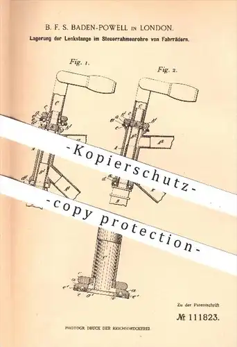 original Patent - B. F. S. Baden Powell , London , 1898 , Lagerung der Lenkstange am Fahrrad | Fahrräder , Lenkung !!