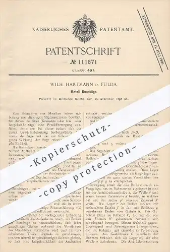 original Patent - W. Hartmann , Fulda , 1898 , Metall - Bandsäge | Kreissäge , Säge , Sägen , Sägemaschine , Sägeblatt !