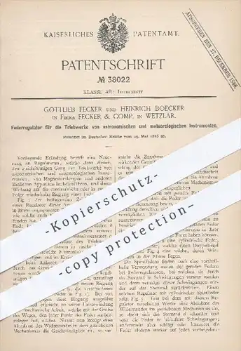 original Patent - G. Fecker , H. Boecker , Fecker & Comp. , Wetzlar  1886 , Federregulator für Astronomie , Meteorologie