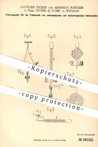 original Patent - G. Fecker , H. Boecker , Fecker & Comp. , Wetzlar  1886 , Federregulator für Astronomie , Meteorologie