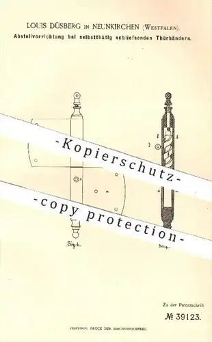 original Patent - Louis Düsberg , Neunkirchen 1886 , Abstellvorrichtung bei selbst schließenden Türbändern | Tür , Türen