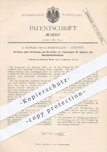 original Patent - A. Ressler u. G. Appenzeller , Liegnitz , 1883 , Tabaksrippen für Zigarren- u. Rauchtabaksfabrikation