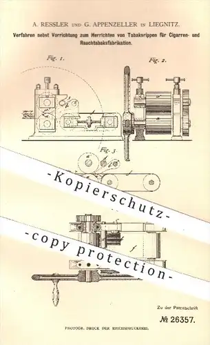 original Patent - A. Ressler u. G. Appenzeller , Liegnitz , 1883 , Tabaksrippen für Zigarren- u. Rauchtabaksfabrikation