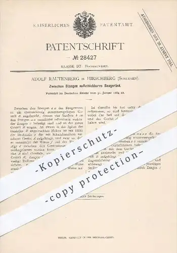 original Patent - A. Rautenberg , Hirschberg , Schlesien , 1884 , Zwischen Stangen aufschiebbares Baugerüst | Gerüstbau
