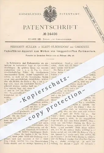original Patent - H. Müller , Klein Olbersdorf / Chemnitz , 1883 , Fadenführer für langgestreifte Farbmuster | Nähen !!!