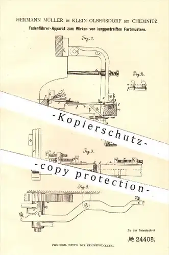 original Patent - H. Müller , Klein Olbersdorf / Chemnitz , 1883 , Fadenführer für langgestreifte Farbmuster | Nähen !!!