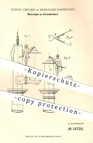 original Patent - August Fischer , Darmstadt Bessungen , 1881 , Kerzenlöscher | Kerze , Kerzen , Feuer , Kerzendocht !!!