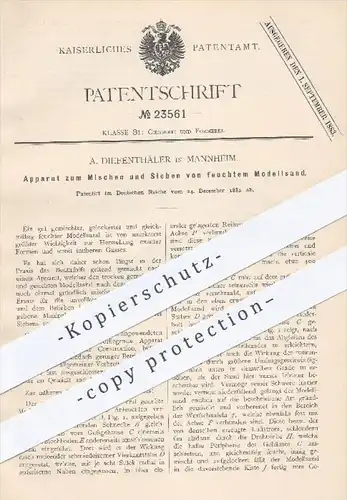 original Patent - A. Diefenthäler , Mannheim , 1882 , Mischen und Sieben von feuchtem Modellsand | Sand , Formen , Guss