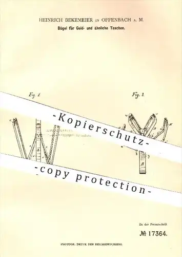 original Patent - Heinrich Bekemeier , Offenbach / Main , 1881 , Bügel für Geldtaschen , Portemonnaie , Taschen , Etui !