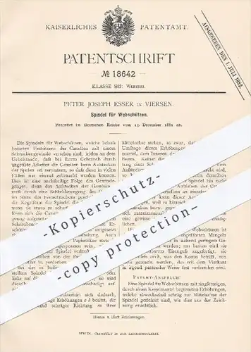 original Patent - Peter Joseph Esser , Viersen , 1881 , Spindel für Webschützen | Webstuhl , Weben , Weber , Weberei !!