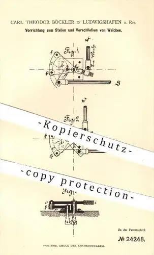 original Patent - Carl Theodor Böckler , Ludwigshafen / Rhein , 1882 , Stellen u. Verschließen von Weichen | Eisenbahn !