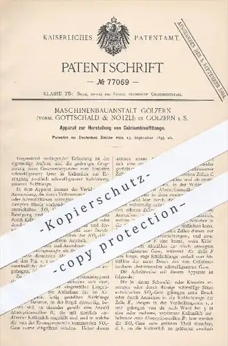 original Patent - Maschinenbauanstalt Golzern , Gottschald & Nötzli 1893 , Herstellung von Calciumbisulfitlauge | Chemie