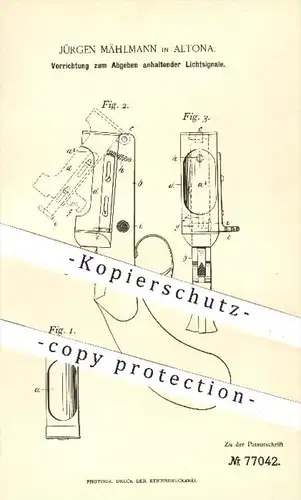 original Patent - Jürgen Mählmann , Hamburg Altona , 1893 , Abgeben anhaltender Lichtsignale | Licht , Signal , Patronen