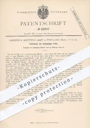 original Patent - Frederick M. Libby , Portland , Maine USA , 1884 , Federhalter mit nachgiebiger Feder | Schreibfeder !