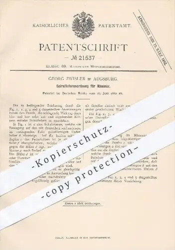 original Patent - Georg Zwisler , Augsburg  1882 , Spiralfederanordnung für Hämmer | Hammer , Metall , Metallbearbeitung