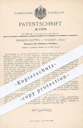 original Patent - Hermann Hertwig , Saalfeld / Saale , 1894 , Sensenwurf mit verstellbaren Handhaben | Sense , Sensen !