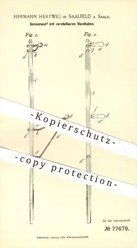 original Patent - Hermann Hertwig , Saalfeld / Saale , 1894 , Sensenwurf mit verstellbaren Handhaben | Sense , Sensen !