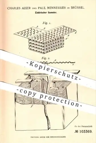 original Patent - Charles Alker , P. Mennessier , Brüssel , 1897 , Elektrischer Sammler | Elektroden , Strom , Elektrik