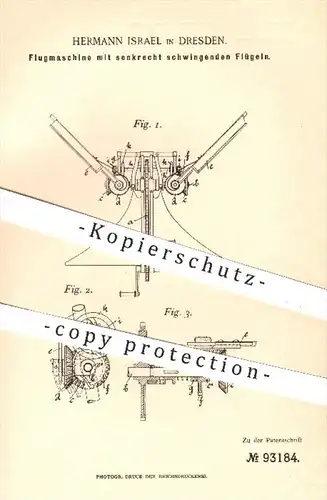 original Patent - Hermann Israel , Dresden , 1896 , Flugmaschine mit senkrecht schwingenden Flügeln | Fliegen , Sport !