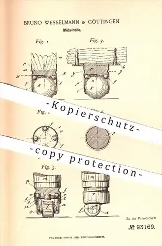 original Patent - Bruno Wesselmann , Göttingen , 1896 , Möbelrolle | Möbel , Möbelbauer , Laufrolle , Rolle , Kugellager