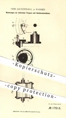 original Patent - H. Krähwinkel , Barmen , 1881 , rotierende Pumpen u. Gebläsemaschinen | Pumpe , Gebläse , Lüftung !!!