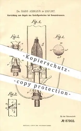 original Patent - Dr. Hans Axmann , Erfurt , 1895 , Regeln des Gasluftgemisches beim Bunsenbrenner | Brenner , Gas !!!