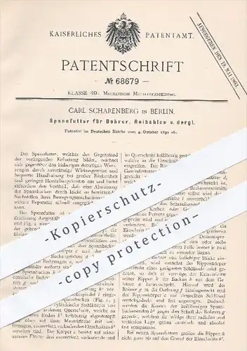 original Patent - Carl Scharenberg , Berlin , 1892 , Spannfutter für Bohrer , Reibahlen | Bohren , Bohrmaschine , Metall