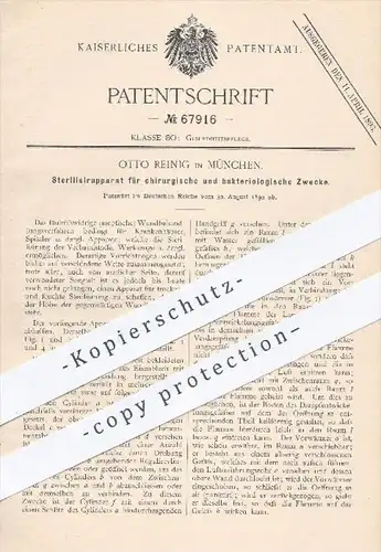 original Patent - O. Reinig , München , 1892 , Sterilisierung für chirurgische Zwecke | Steril , Medizin , Arzt !!!