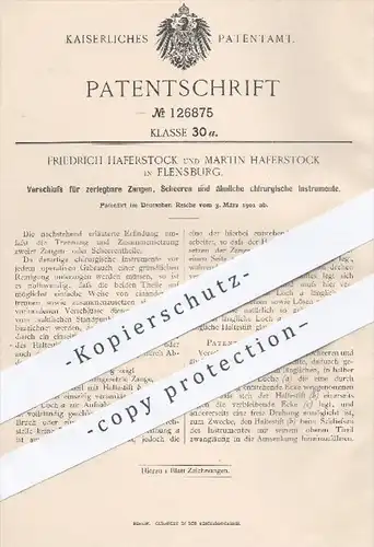 original Patent - Fr. u. M. Haferstock , Flensburg  1901 , Verschluss für zerlegbare Zangen , Scheren | Chirurgie , Arzt