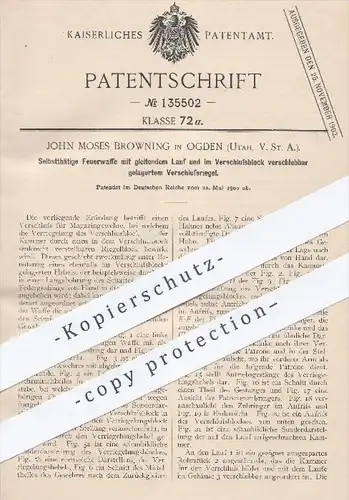 original Patent - J. Moses Browning , Ogden , Grafschaft Weber , Utah USA 1900 , Feuerwaffe mit gleitendem Lauf | Waffen