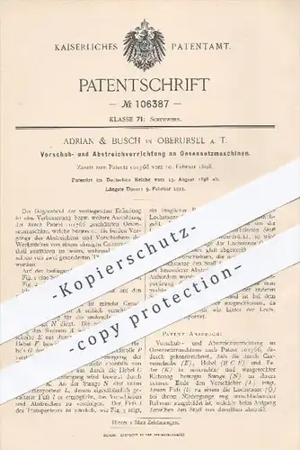 original Patent - Adrian & Busch , Oberursel , 1898 , Vorschub- u. Abstreichvorrichtung an Oesensetzmaschinen | Schuster