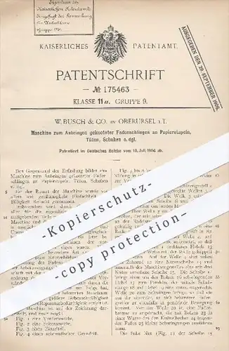 original Patent - W. Busch & Co. , Oberursel , 1904 , Anbringen von geknoteten Fadenschlingen an Papier , Tüten , Schuhe