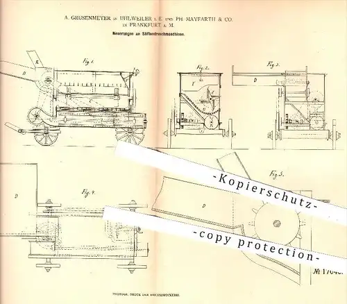 original Patent - A. Grusenmeyer , Uhlweiler | Ph. Mayfarth & Co. , Frankfurt / Main , 1881 , Stiftendreschmaschinen !!