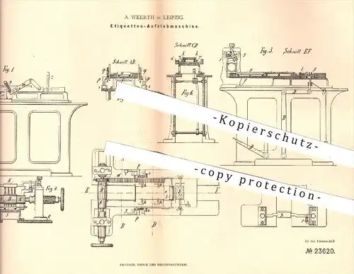 original Patent - A. Weerth , Leipzig  1883 , Maschine zum Aufkleben von Etiketten | Papier , Kleben , Papiererzeugnisse