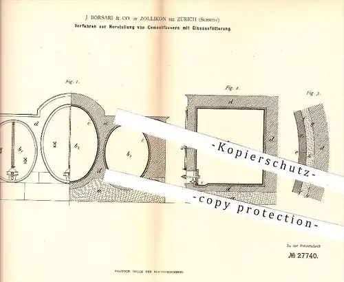 original Patent - J. Borsari & Co. , Zollikon / Zürich , Schweiz , 1883 , Herstellung von Zementfässern | Fass , Fässer