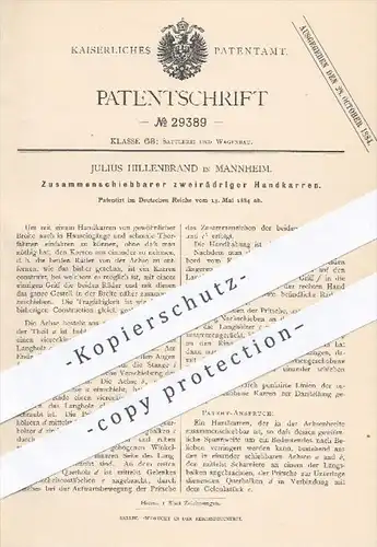 original Patent - Julius Hillenbrand in Mannheim , 1884 , Zusammenschiebbarer zweirädriger Handkarren | Wagen , Karren !