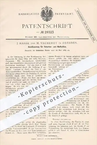 original Patent - J. Hasse und M. Vacherot , Dresden , 1883 , Rostfeuerung für Retorten- und Muffelöfen | Ofen , Öfen !