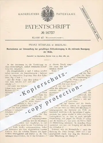 original Patent - Franz Römpler in Breslau , 1881 , Umwandlung der Kolbenbewegung in die rotierende Bewegung | Rotation